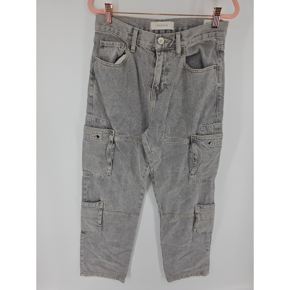 PacSun Womens Grey Acid Wash High Waisted Cargo Straight Leg Jeans Pockets